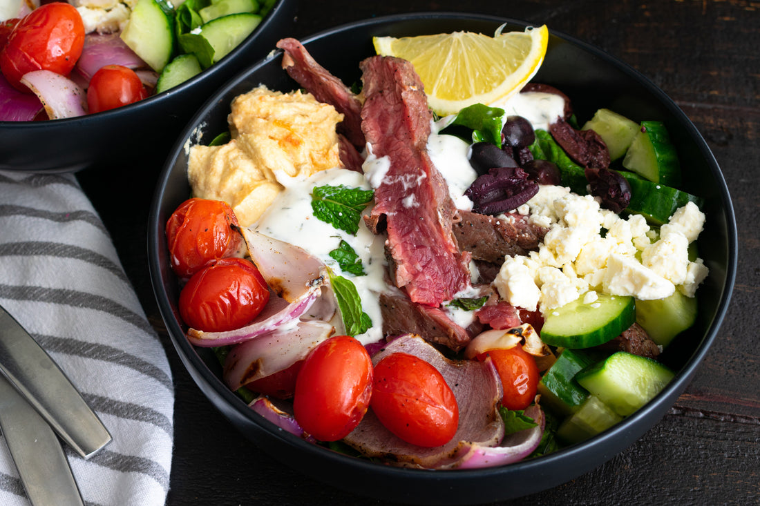 Greek Orzo Bowl with Steak, Feta & Fresh Cucumber-Tomato Salad