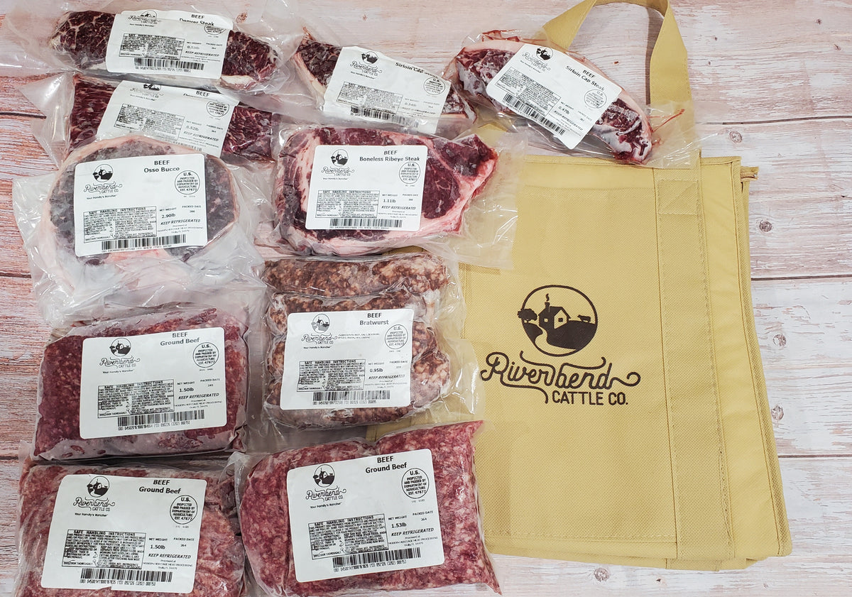 Vacuum-sealed Early Black Friday Bundle ribeye, picanha, Denver steaks, osso buco, brats, ground beef and freezer bag