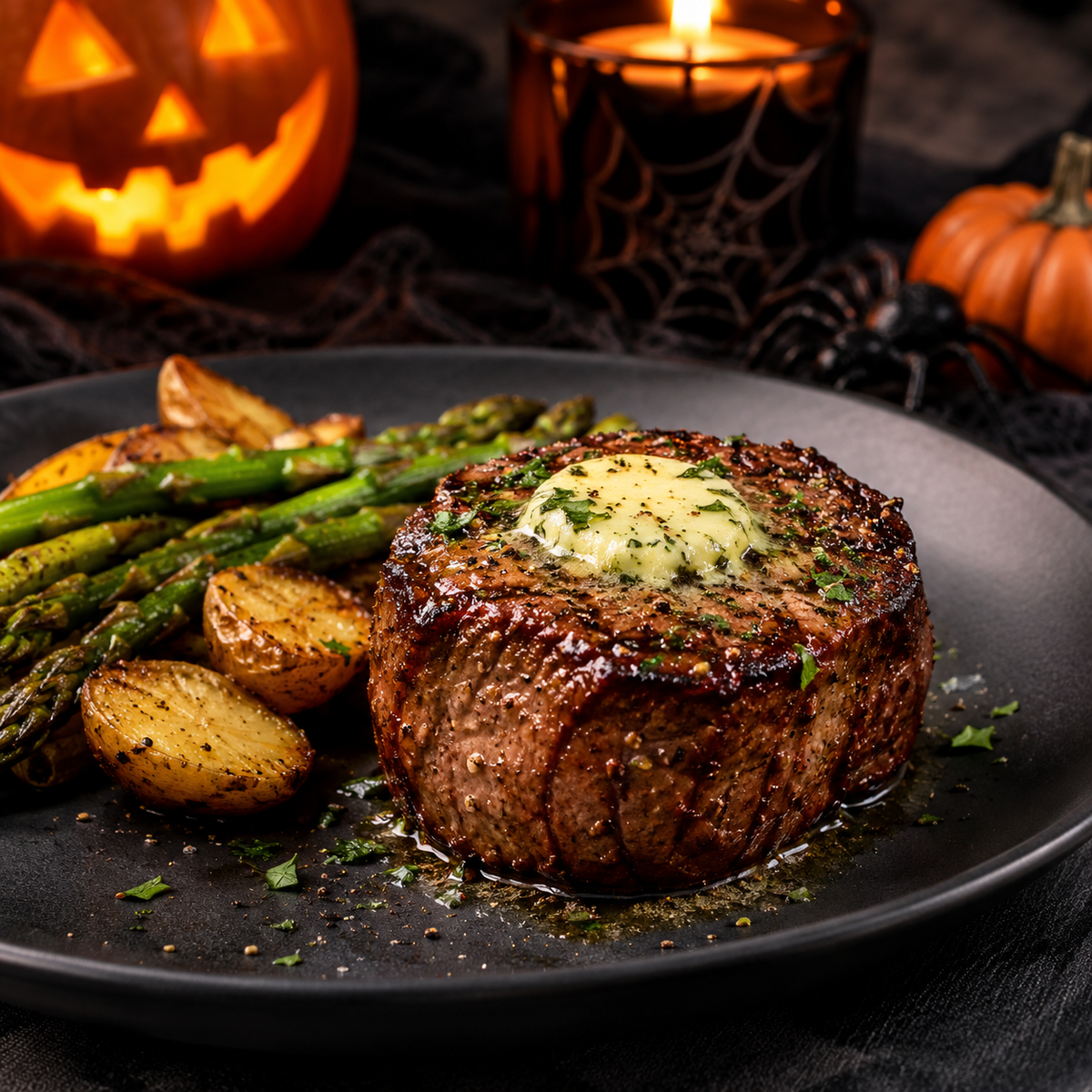 Seared filet with herb butter, asparagus, and Halloween pumpkin backdrop